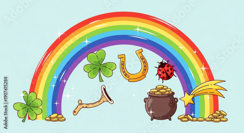St Patricks Day luck symbols rainbow and pot of gold festive illustration for holiday greeting cards and design