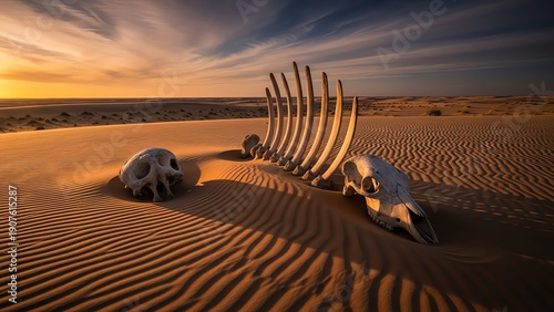 Desert Remains: Animal Skeleton and Skulls in Sand Dunes at Sunset