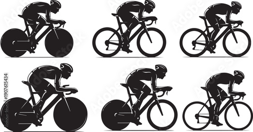 Cyclist in Motion Silhouette Illustrations on White Background Set