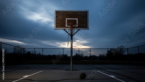 Empty Basketball Court at Dusk with Hoop, Ball, and Fence Under a Dramatic Cloudy Sky