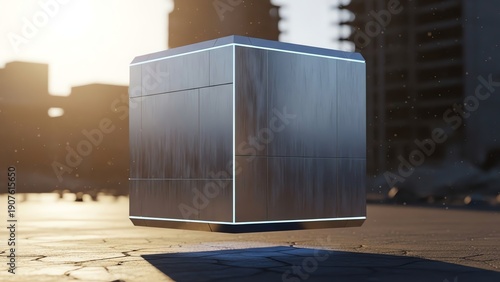 Futuristic Floating Cube with Illuminated Edges, City Background.