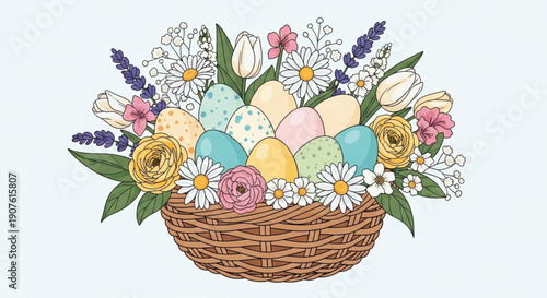 Wicker basket filled with colorful Easter eggs and spring flowers festive illustration for holiday greeting cards and decorations