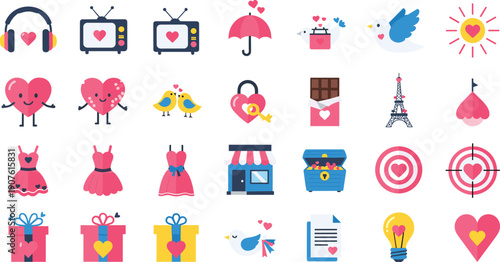 Valentine’s Day icons with hearts, gifts, birds, dresses, padlocks, balloons, Eiffel Tower, chocolate, treasure chest, and romantic symbols for love, dating, and celebration design projects