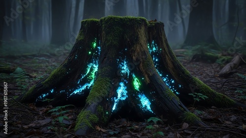 Glowing Forest Stump with Bioluminescent Light in Dark Woods