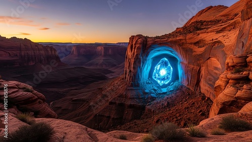 Glowing Crystal in Canyon Cave at Sunset. Fantasy Landscape.