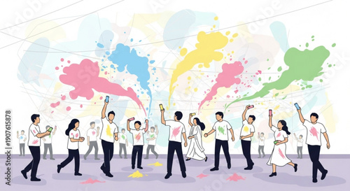 People celebrating Holi festival with colorful powder joyful outdoor event vibrant cultural tradition for festive design