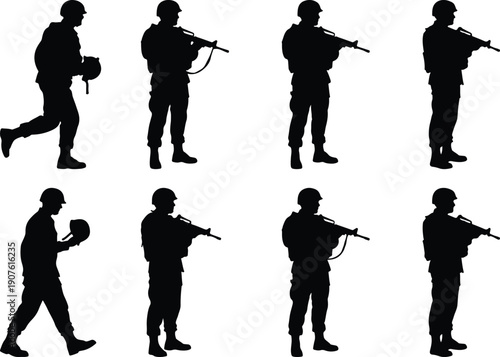 Soldier silhouettes in various poses with rifle