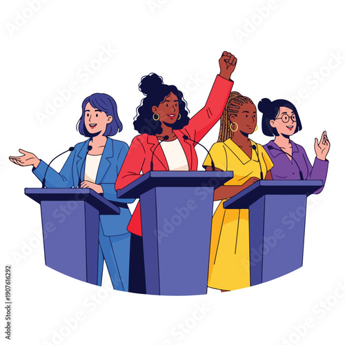 Cartoon illustration of four diverse women standing confidently behind podiums, conveying a sense of empowerment and unity with a vibrant, colorful style against a clean white background.