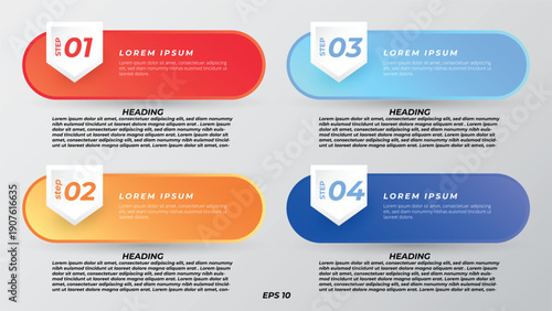 4-Step Business Infographic Template. Vector Presentation Slide Featuring Colorful Horizontal Capsule Banners, Numbered Shield Tags, and Professional Data Layout