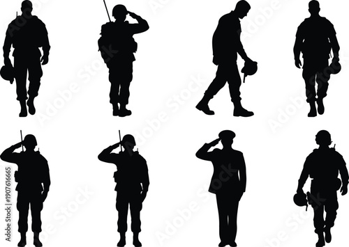 Collection of soldier silhouettes, military poses and actions
