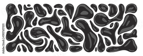 Set of black irregular blobs, featuring random liquid and organic drop shapes, amorphous splodges, asymmetric spots, and fluid uneven elements on a white background.