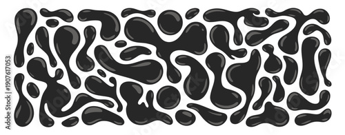 Set of black irregular blobs, showcasing abstract amorphous shapes, organic liquid drops, asymmetric splodges, and simple amoeba-like forms in a smooth glossy vector style.