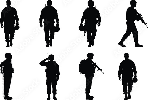 Collection of soldier silhouettes, diverse military actions