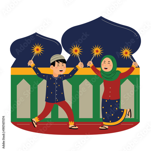 Young Couple Celebrating Ramadan with Sparklers