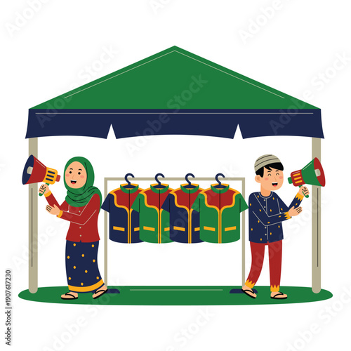 Muslim Couple Selling Clothes at Outdoor Market Stall