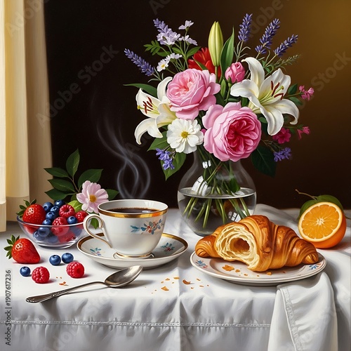Wallpaper Mural Elegant morning still life features a steaming cup of dark coffee, fresh berries, and a flaky pastry arranged near a vibrant floral bouquet Torontodigital.ca