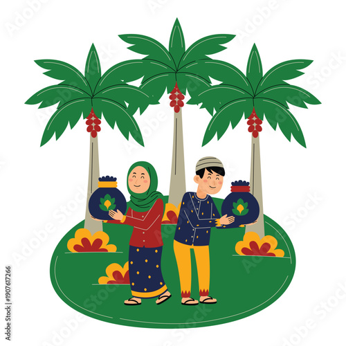Muslim Couple Holding Charity Bags Under Palm Trees