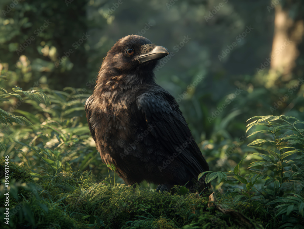 Naklejka premium Raven observing its environment forest wildlife natural setting close-up nature's mystique
