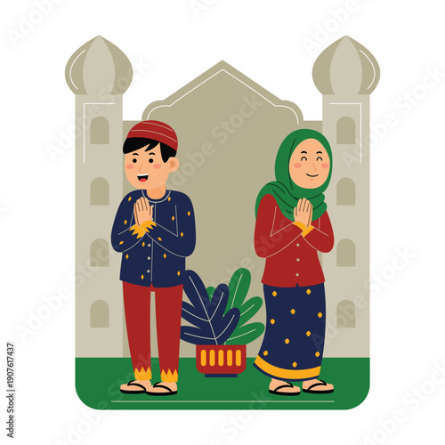 Muslim Couple Greeting at Mosque Entrance