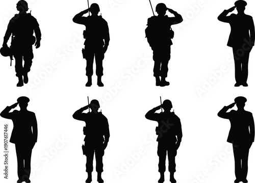 Military personnel silhouettes in uniform, saluting