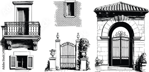 Vintage architectural elements illustration featuring balcony window gates arch entrance facades, classical European exterior details, decorative heritage line artwork set