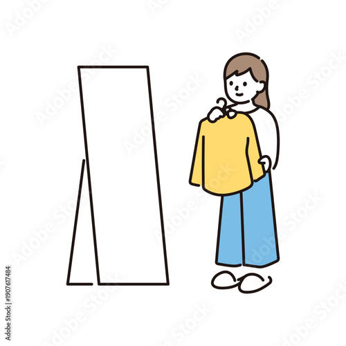 Woman holding yellow shirt in front of mirror vector illustration