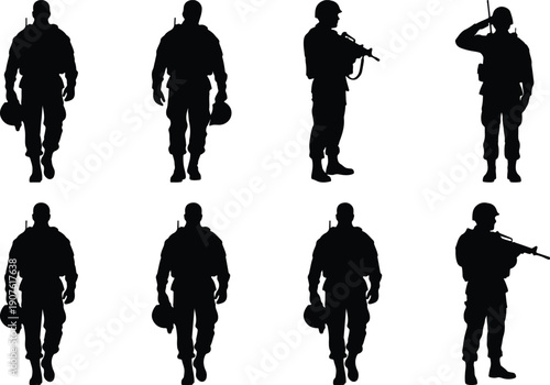 Soldier silhouettes with gear, walking and standing poses