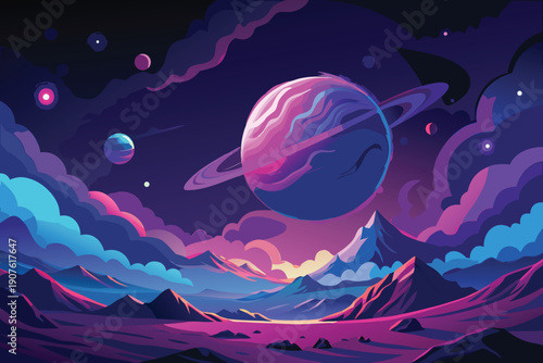 A vibrant colorful planet with rings dominates a fantastical atmospheric landscape high quality