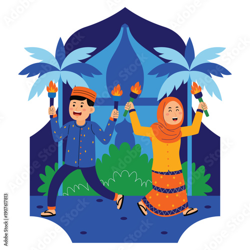 Muslim Couple Celebrating with Torches