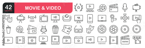 Set of line icons related to  video recording, movie industry, internet live streaming, film reel, camera, projector. Outline icons collection. Editable stroke. Vector illustration