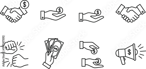 Money transaction and business handshake icon set with payments cash exchange megaphone and financial symbols isolated vector illustration