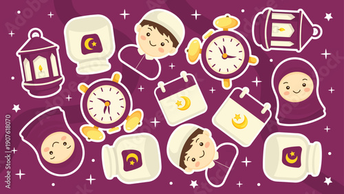 Fun pattern with alarm clocks calendars and Muslim kids for managing time during the holy month of Ramadan
