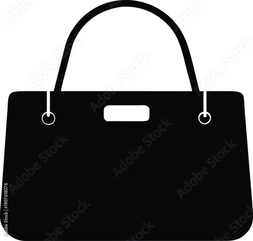 A simple black handbag icon is displayed against a clean white background