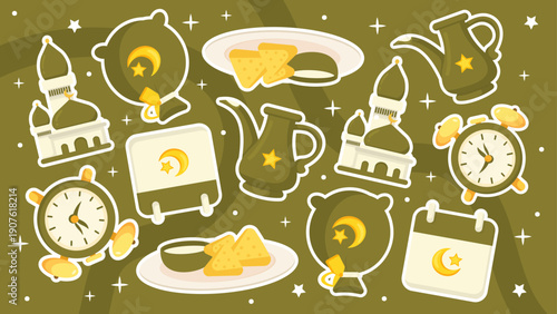 Time management theme for fasting month with alarm clock calendar and mosque