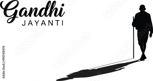 A black silhouette of Mahatma Gandhi walking with a cane on Gandhi Jayanti, Martyrs' Day, or Independence Day in India on March 23rd, against a clean white background with a long shadow.
