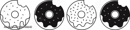 Bitten donut icon set with sprinkles and glaze variations in black and white isolated vector illustration