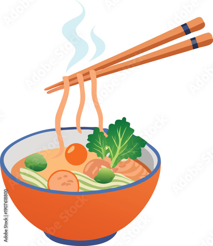 A vibrant illustration depicts a bowl of steaming ramen with chopsticks high quality
