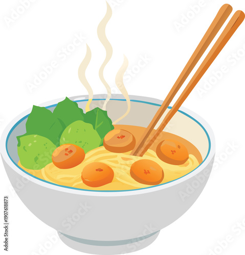 A vibrant bowl of asian noodle soup with vegetables and fish cakes