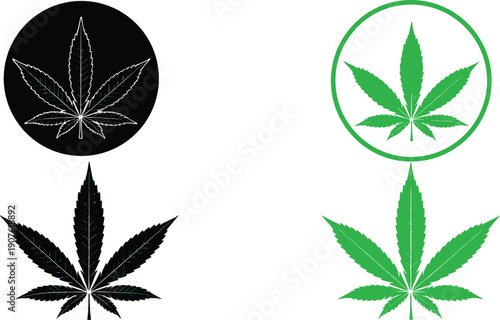 Cannabis leaf icon set with marijuana symbols in green and black circle styles isolated flat vector illustration