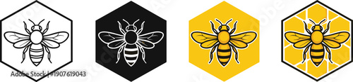 Bee honeycomb icon set with hexagon shapes in black yellow and outline styles isolated flat vector illustration