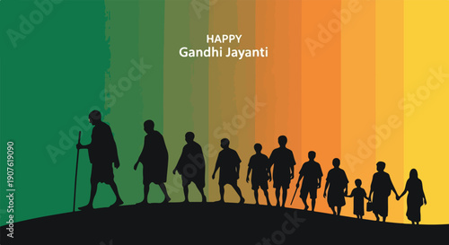 Silhouette of people walking on a hill against a vibrant green, yellow, and orange striped background, celebrating Gandhi Jayanti and Shaheed Diwas in India.