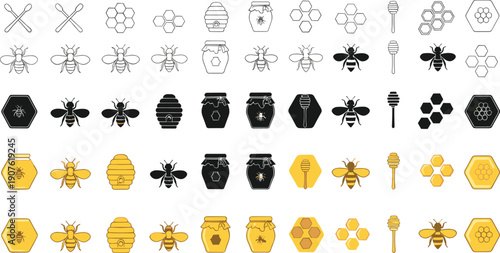 Bee honey and beekeeping icon set featuring hives jars dipper honeycombs insects isolated flat vector illustration