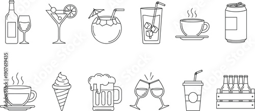 Drink beverage icon set with coffee beer cocktails soda wine ice cream and cheers symbols isolated line vector illustration