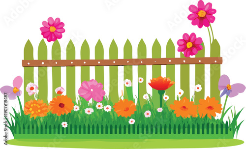 A colorful illustration depicts a picket fence with vibrant flowers and grass