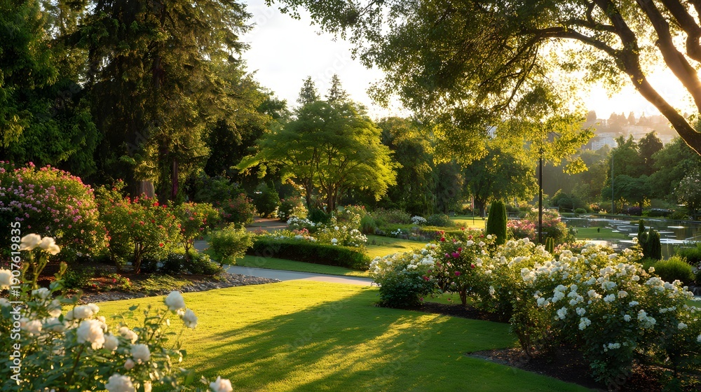 Obraz premium Lush Garden Landscape with Sunlit Lawn and Blooming Flowers.