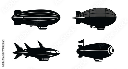 Four different black airship silhouettes on a white background.