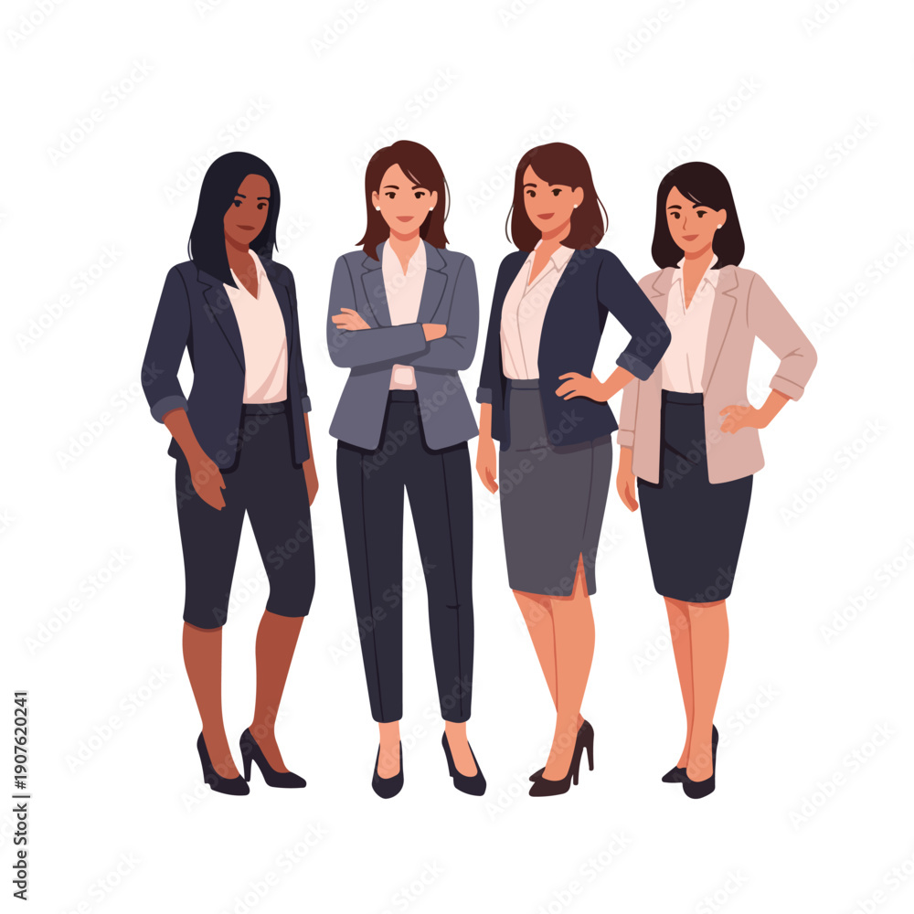 Obraz premium A group of four diverse businesswomen standing confidently in a cartoon style with a clean white background and a professional mood.