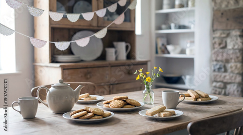 Cozy Home Tea Time with Cookies on Wooden Table, Warm Lifestyle Interior