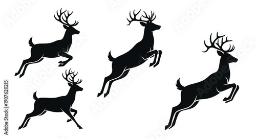 Group of leaping deer silhouettes on white background.