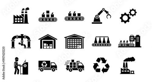 Industrial Icons Set Factory Manufacturing Production Automation.